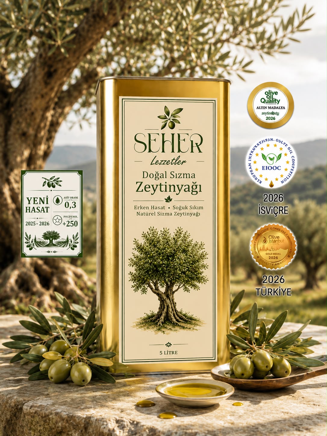 2025_2026 Yemeklik Zeytinyağı Salata & Çiğ Tüketimlik +250 Polifenol 5 LT